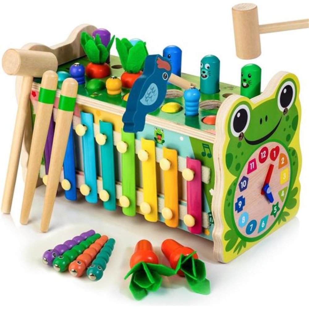 6in1 Wooden Montessori Toys for 1YearOld Whack a MoleGame Hammering Pounding Toy